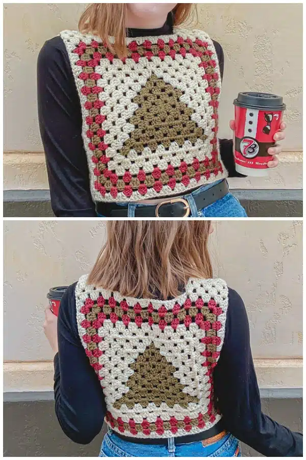 This Crochet Christmas vest is perfect for adding a touch of holiday cheer to your wardrobe. The pattern uses green, white and red yarn to create a festive and playful look. The granny squares are decorated with Christmas tree and ornaments to give it a Christmas feel. This pattern is perfect for those who want to add a touch of holiday cheer to their wardrobe.