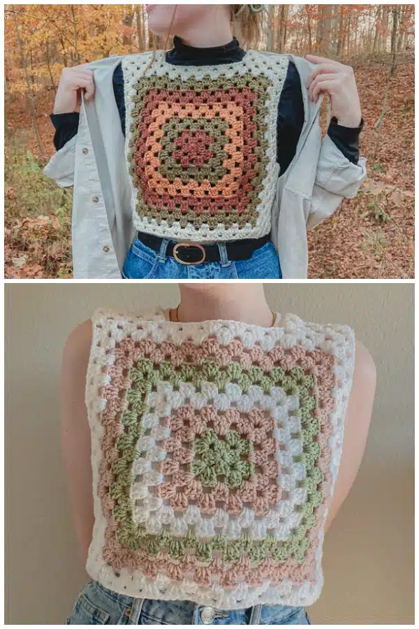 This pattern is a traditional granny square vest that is made up of individual granny squares that are then sewn together. This pattern is perfect for beginners who are just learning how to crochet granny squares. The beauty of this pattern is that you can use as many or as few colors as you like, making it a great stash-busting project.