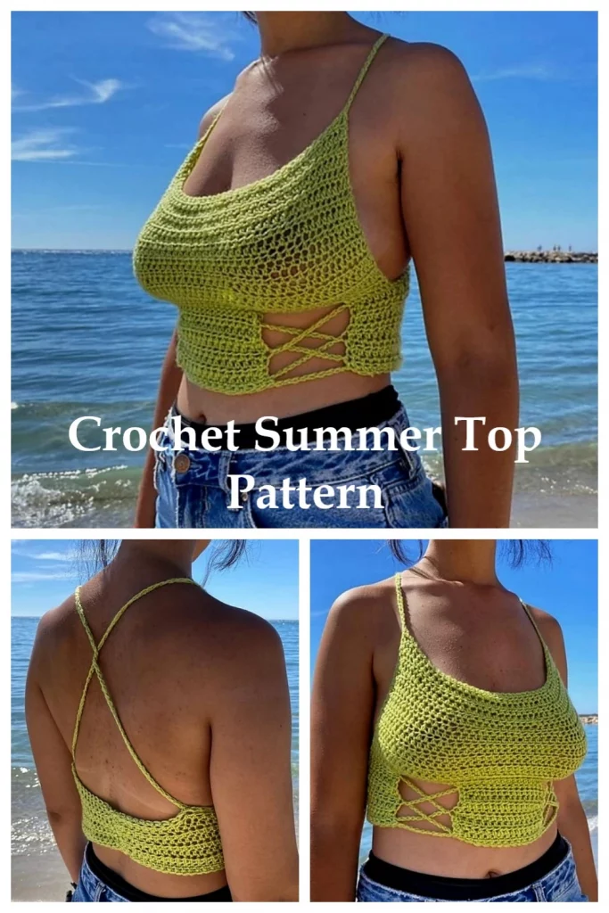 The Juliana top is a very nice summer top that you can easily crochet in no time ! You can adapt the pattern to your size, and you can use any yarn you want. You will only need less than a skein of yarn and a hook to elaborate it and you will look so fantastic wearing it !
