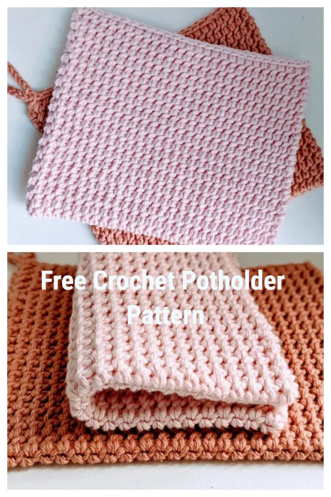 This pattern is perfect for those who like a little extra protection from hot pots and pans. The extra thickness of the potholder is achieved by using a double strand of worsted weight cotton yarn and a size H crochet hook.