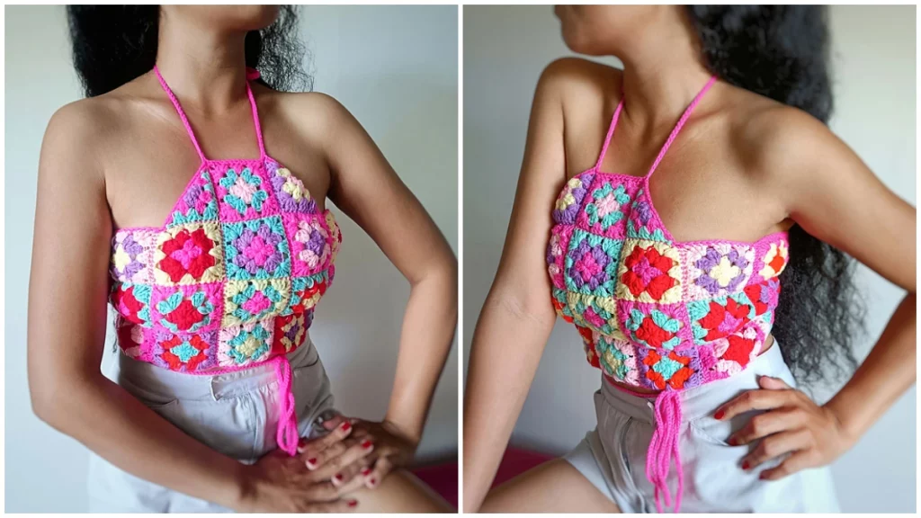 This top features a simple construction of a garment using granny squares. If you’re into granny squares and love to mix and match colors, this one is a great project to try. The back is secured with ties and the halter straps are integrated around the edging of the fabric. The overall size can be extended according to your preference.