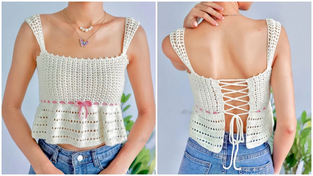 Beautifully delicate and effortless to wear, this Crochet Lace Ruffle Top is all about comfort and style. Super simple construction. It’s perfectly lightweight for hot days and can be layered with ease. This camisole will add a touch of lace to your favorite summer outfits!